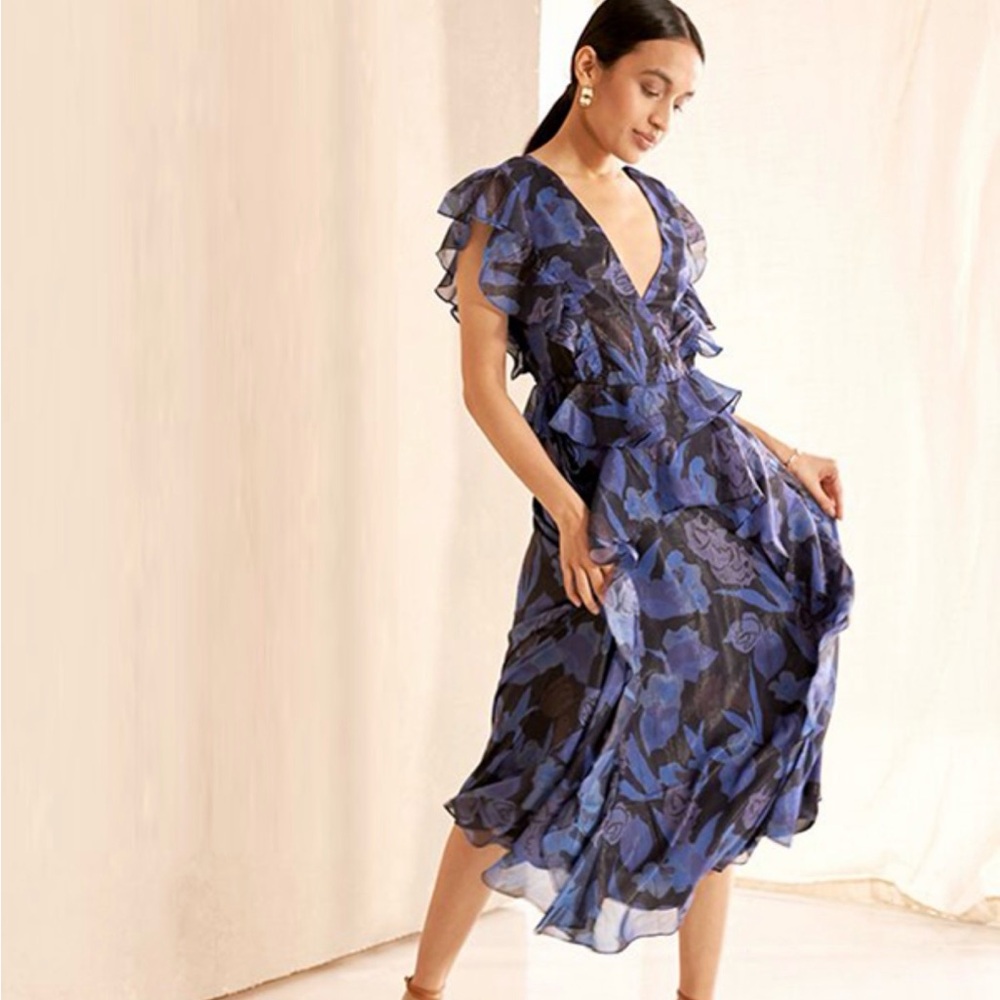 NWT Ted Baker Vertey Pinafore Ruffle Dress Navy Peplum Feminine Midi Dress